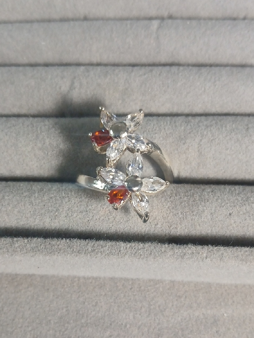 Sterling Floral Ring with Clear and Red Accent Stones